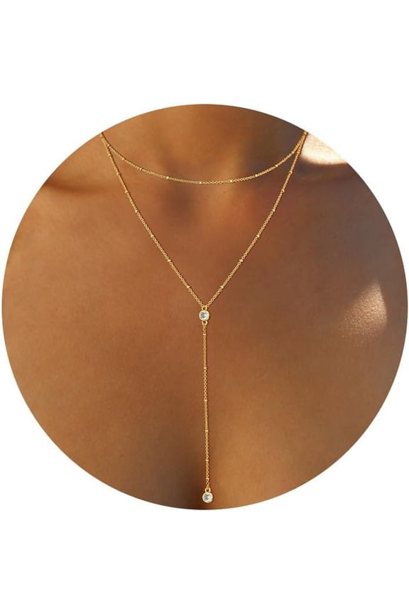 Gold Necklace for Women Trendy, Dainty Gold Bow Necklace 14K Gold Plated Necklace Cute Bow Pendant Necklace Simple CZ Bead Bow Chain Choker Necklaces for Women Gold Jewelry Christmas Gifts