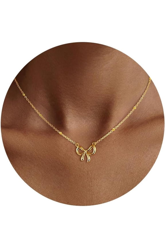 Gold Necklace for Women Trendy, Dainty Gold Bow Necklace 14K Gold Plated Necklace Cute Bow Pendant Necklace Simple CZ Bead Bow Chain Choker Necklaces for Women Gold Jewelry Christmas Gifts