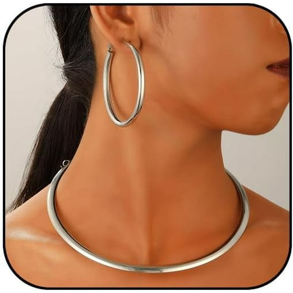 Gold Necklace and Earring Set Gold Choker Necklaces for Woman Trendy Silver Collar Necklace Statement Open Cuff Round Necklace for Women