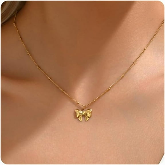 Gold Necklace for Women 18K Gold Plated Dainty Bow with Pearl Pendant Necklace Tiny CZ Bow Herringbone Chain Necklace Trendy Necklaces Gold Jewelry