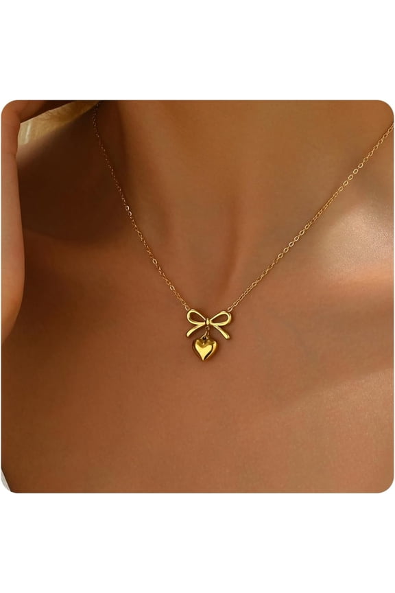 Gold Necklace for Women 18K Gold Plated Dainty Bow with Pearl Pendant Necklace Tiny CZ Bow Herringbone Chain Necklace Trendy Necklaces Gold Jewelry