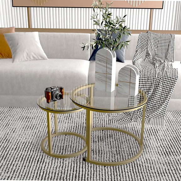 Gold Nesting Coffee Table Set of 2, Small Glass Round Nesting Tables for Living Room Bedroom, Accent Tea Table with Metal Frame Modern Industrial Simple