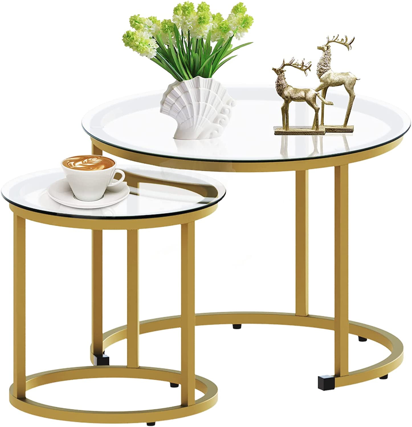 Gold Nesting Coffee Table Set of 2, Small Glass Nesting Tables for