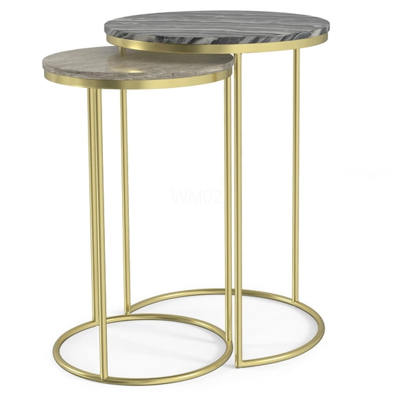 Gold Nesting Tables Set of 2, Round Side Tables with Marble Top and Metal Base for Living Room