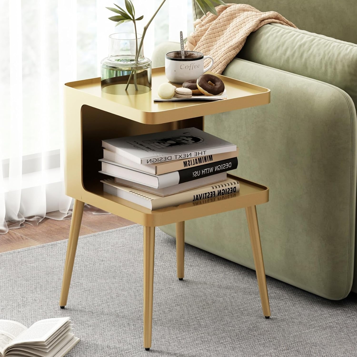 Gold Nightstand with Storage, 2 Tier Small End Tables Bedroom, Modern ...