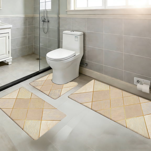 Gold Non Slip Rubber Bath Mat Set 3 Piece, Super Absorbent Quick Dry Washable Bathroom Rugs for Toilet U Shaped