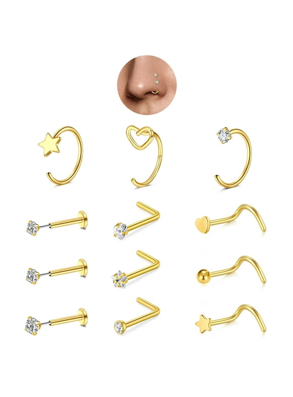 Gold Nose Rings for Women - 14K Gold Filled Hypoallergenic Surgical Steel Nose Ring Hoops CZ Opal Lip Ring Screw L Shaped Studs Threadless Flat Back Stud Nose Piercings Jewelry for Women Men