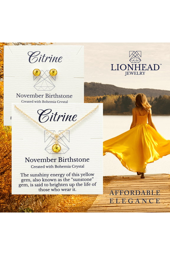 Gold November Birthstone Necklace and Stud Earrings Set with Bohemian Crystals, 14K Gold Plated, Birthday Month Gift, Great for Mom.