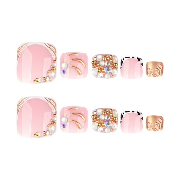 Gold, Nude, and Pink Animal Print Press on Toenails, Short Square Chrome Glossy Fake Toenails with Rhinestone Accents, 24 Count