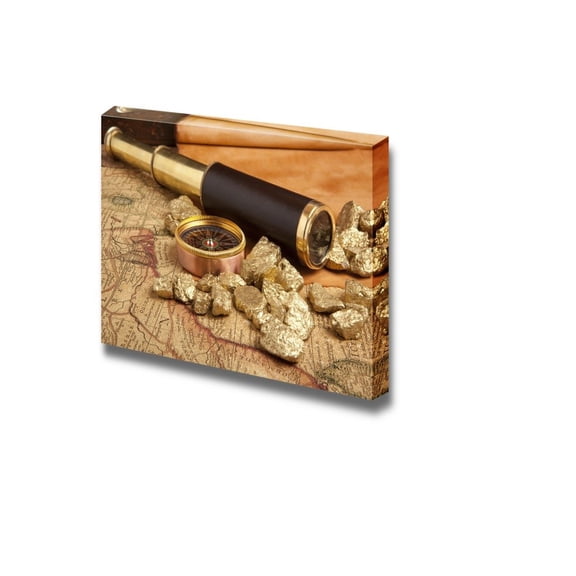 Gold Nuggets and Vintage Brass Telescope on Antique Map Retro Style Still Life - Canvas Art Wall Art - 12" x 18"
