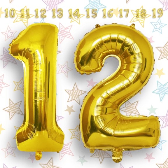 Gold Number 12 Mylar Foil Balloon 40" - Helium or Air Inflatable Metallic Balloons for 12th Birthday Party, Anniversary, Graduation Decorations