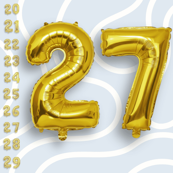 Gold Number 27 Mylar Balloon 16" - Self-Seal Air Filled Only Plain Metallic Foil Balloons for 27th Birthday Party, Anniversary, Graduation Decoration