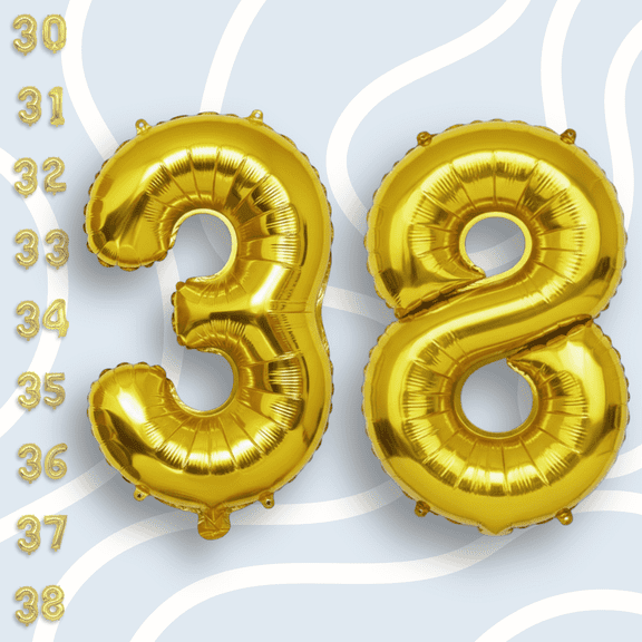Gold Number 38 Mylar Balloon 16" - Self-Seal Air Filled Only Plain Metallic Foil Balloons for 38th Birthday Party, Anniversary, Graduation Decoration