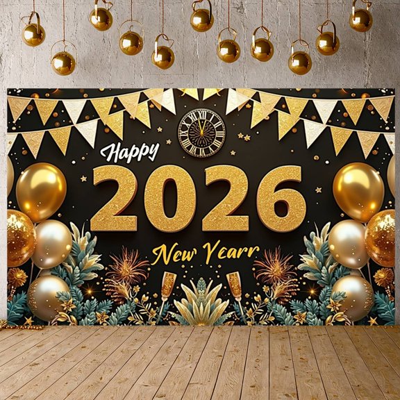 Gold Numeral Design Happy New Year Banner Clock Pattern 2026 New Year Display Colorful Balloons Star Decorations New Year Backdrop for New Year Party 2026 Celebration Indoor Decoration