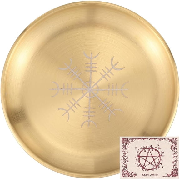 Gold Offering Plate Ritual Bowl Metal Stainless Steel Flat Round Candle Holder Dish Trays with Envelope and Cards for Smudging