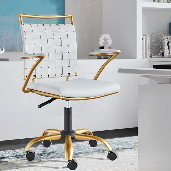 Gold Office Chair White Computer Task Chair with Wheels and Arms Swivel Adjustable Height Cute Vanity Desk Chairs (White)