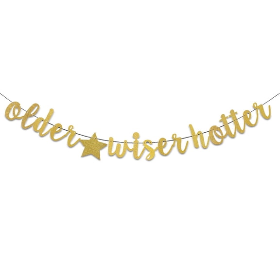 Gold Older Wiser Hotter, Funny Birthday Banner, Glitter Party Pennant, Triangular, Pre-Strung, Indoor Party, Birthday Occasion