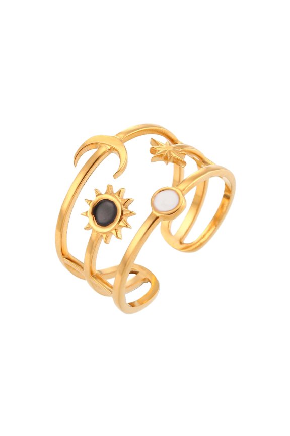 Gold Opal Celestial Ring with Sun Moon, Open Adjustable Design, Cosmic Style Jewelry, Birthday Valentine Gift for Men Women
