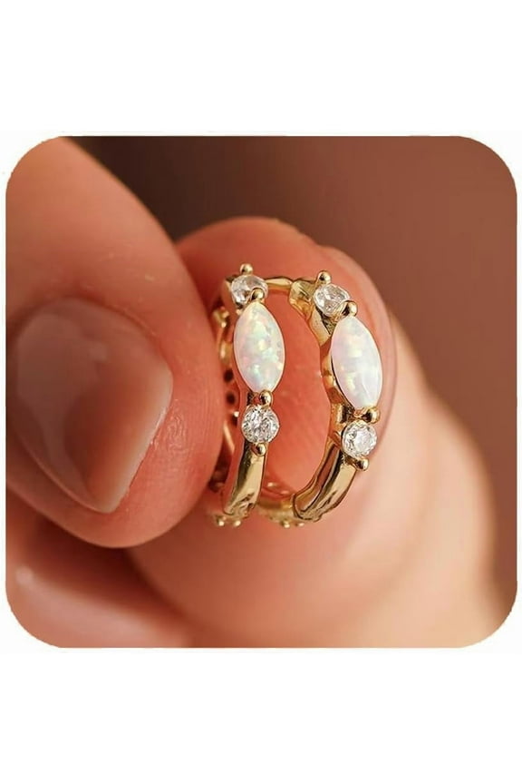 Gold Opal Huggie Earrings for Women, Minimalist Small Hoop Earrings with Zircons