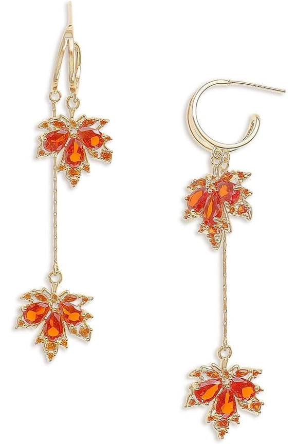 Gold Open Hoop Flower Fall Maple Leaf Drop Dangle Earrings for Women – Elegant Sparkly Crystal Cubic Zirconia Rhinestone Earring Dangling Prom Party Holiday Jewelry Gift