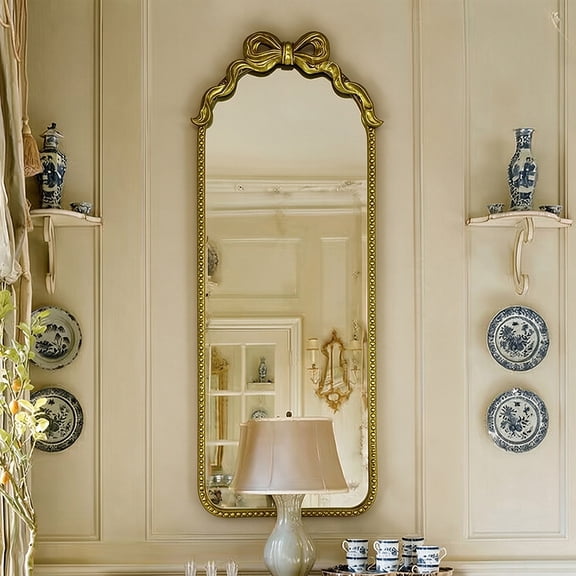 Gold Ornate Full Length Mirror ( 61.8"), Vintage Bow Decorative Wall Mirror, Iron Frame HD Explosion-Proof Full Body Mirror, Antique Aesthetic Wall-Mounted Mirror for Bedroom, Living Room, Entryway