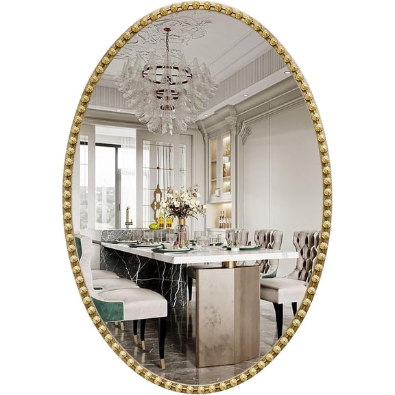 Gold Oval Bathroom Mirror, 20x30 Inch Floral Oval Mirrors for Wall, Antique Gold Metal Floral Frame Mirrors for Bedroom Living Room Hallway, Hangs Horizontally or Vertically