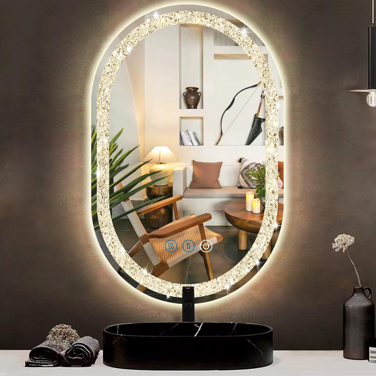 Gold Oval Lighted Mirror for Bathroom - 24 x 16 Inch Vanity Mirror with ...