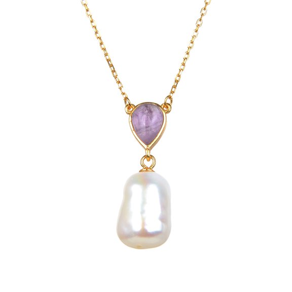 Gold Over Sterling Silver with Freshwater Pearl and Natural Amethyst Pendant Necklace 18" Chain + 2 Extender