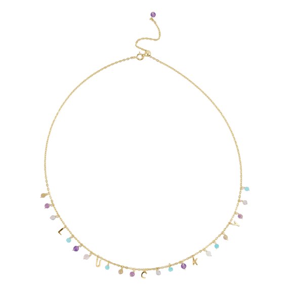 Gold Over Sterling Silver with Natural Amazonite, Labradorite, Red Tourmaline, Orange Moonstone, Pink Opal and Amethyst Lucky Personalized Necklace