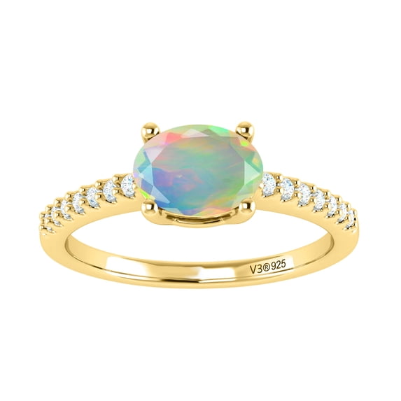 Gold Over Sterling Silver with Natural Ethiopian Opal and White Topaz Solitaire Ring