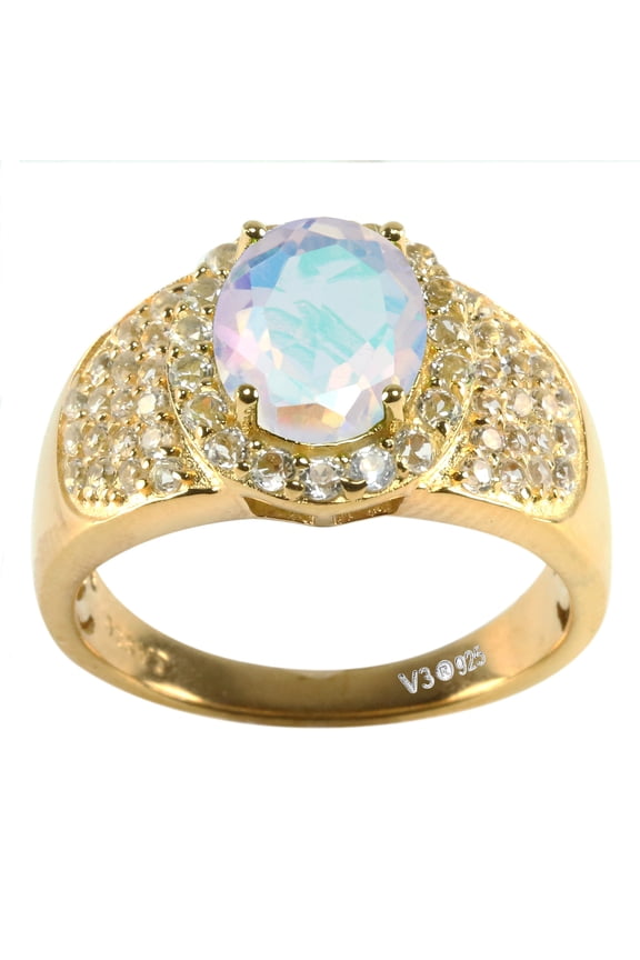 Gold Over Sterling Silver with Natural Mercury Opal Topaz and White Topaz Halo Ring