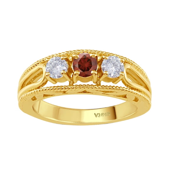 Gold Over Sterling Silver with Natural Red Diamond and Moissanite Three Stone Promise Ring