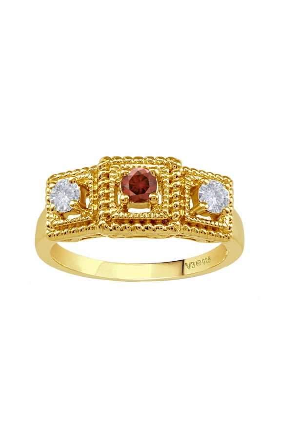Gold Over Sterling Silver with Natural Red Diamond and Moissanite Three Stone Promise Ring