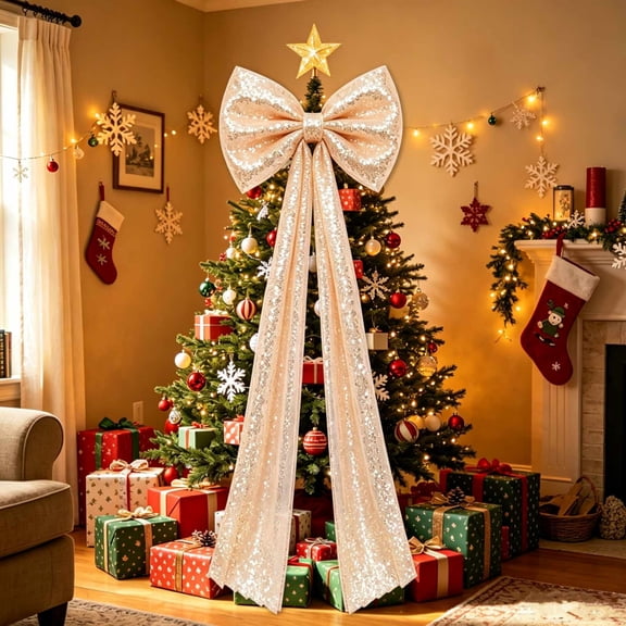 Gold Oversized Sequined Christmas Tree Topper Bow, 6.56 Ft Long Shimmer Streamer Bow, Pre‑Assembled Glitter Bow For Indoor Outdoor Xmas Door Mantel Stair Holiday Party Decor,Christmas Decorations