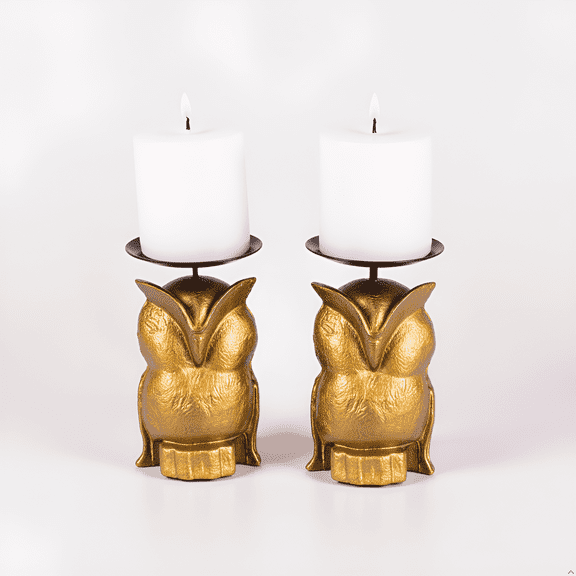 Vriksha Kraft Gold Owl Taper & Small Pillar Candle Holder Set of 2