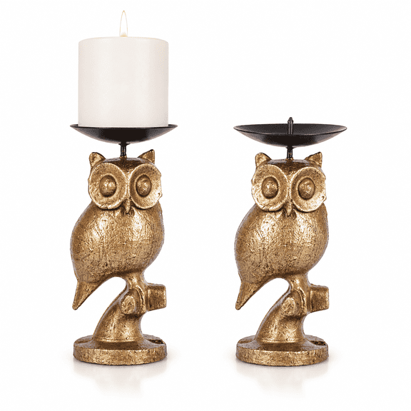 Gold Owl Candle Holder Set of 2 – Decorative Taper & Small Pillar Candlestick Holders for Dining Table, Living Room & Home Décor