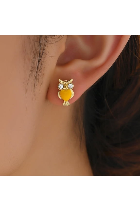 Gold Owl Stud Earrings 18K Gold Plated Brass Rhinestone Inlaid Animal Design 14x8mm for WomenYellow