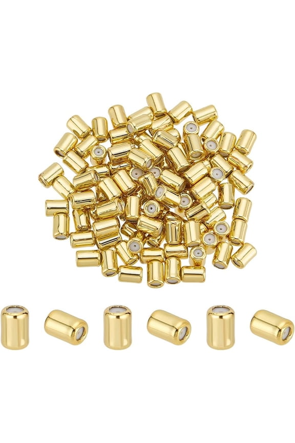 Gold PH 18K Gold Plated Stopper Beads 100pcs Adjustable Slider Beads Brass Metal Positioning Spacer Bead Colunm Rubber Bead for Chain DIY Craft Bracelet Necklace Jewelry Making Accessory 6x4mm