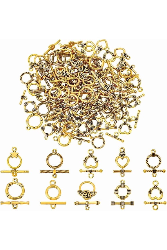 Gold PH 80 Sets 10 Styles Toggle Clasps 13~18mm OT Clasps Heart/Flower/Round Jewelry Clasps Closure Metal T Bar Clasps Closure Clip Clasp Connector for Necklaces Bracelets Jewelry Craft Making