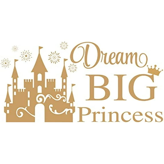 Gold PVC Wall Sticker Art Word Dream Big Princess Wall Decal Dreamy Castle Pattern Vinyl Wall Decal Golden Crown Wall Decor for Kids' Room Girls' Bedroom Decoration