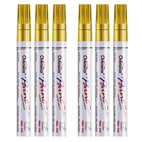 Gold Paint Markers Pens - Single color 6 Pack Permanent Oil Based Metallic Paint Pen, Medium Tip, Quick Dry and Waterproof Marker for Rock, Wood, Fabric, Plastic, Canvas, Glass, Mugs, Canvas, Glass