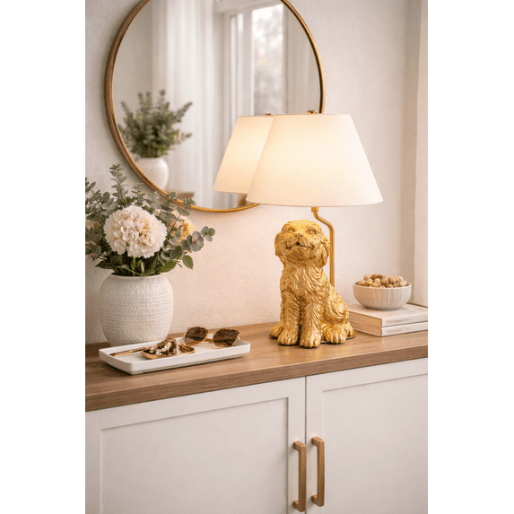 Home Decor Collection Catalina Lighting Golden Doodle Table Lamp with Painted Gold Finish and Tapered Linen Shade, 18"H