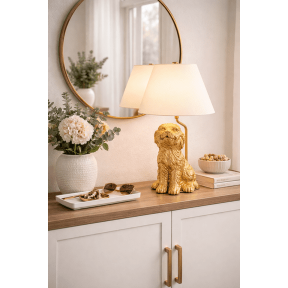 Home Decor Collection Catalina Lighting Golden Doodle Table Lamp with Painted Gold Finish and Tapered Linen Shade, 18"H