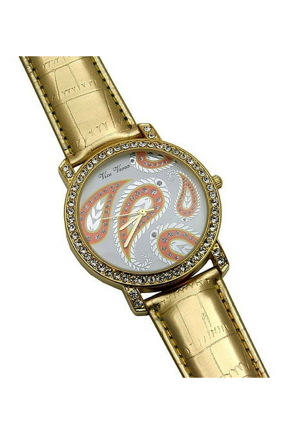 Women's 0.8 in Paisley Rhinestone Gold Faux Croc Embossed Wristwatches, Gold (WT-L80629GD)