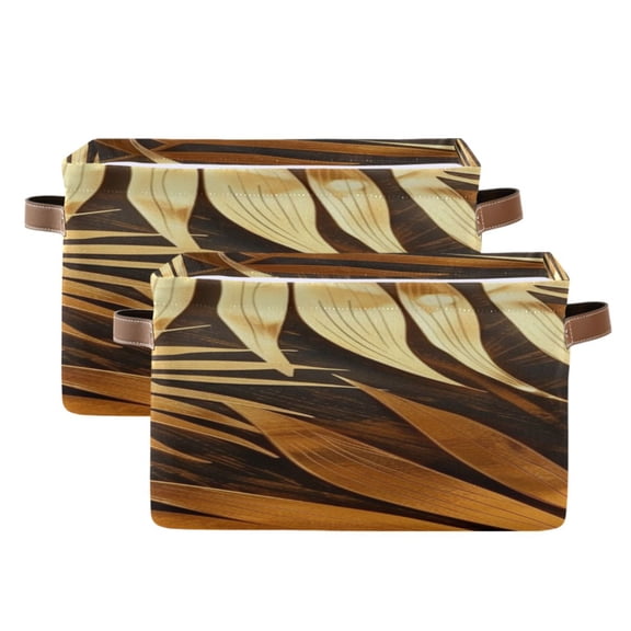 Gold Palm Leaves Print Square Storage Bins with Handles Collapsible Containing Box 2 Packs