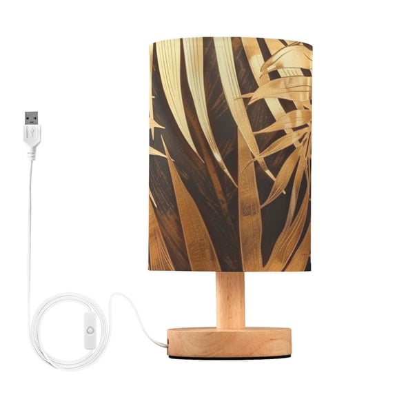 Gold Palm Leaves Print Table Lamp with USB Port LED Warm Light Lamp Night Light Home Decor