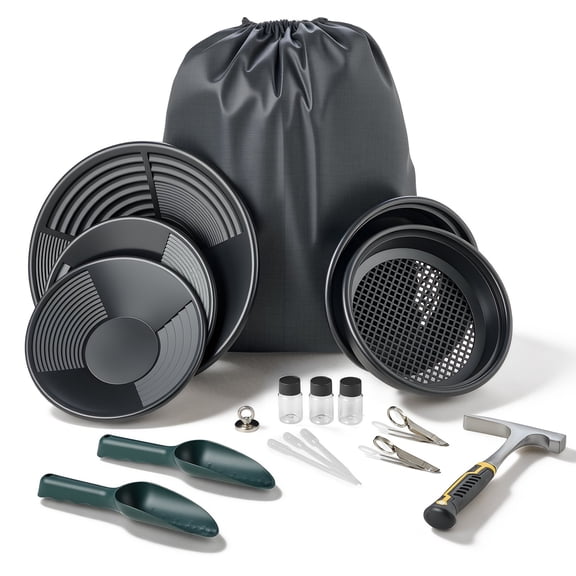 Gold Panning Kit, 10 in and 14 in Pans, 19 PCS Portable Prospecting Equipment Kit with Classifier Sieves, Sand Magnet, Rock Pick, Scoops, Backpack, and Accessories, for Outdoor Gold Recovery