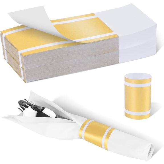 Gold Paper Napkin Bands Self Adhesive, 100PCS Silverware Wraps Band, 1.5x4.25 Inch Paper Napkin Rings for Restaurant, Wedding, Party, Holiday (Gold-200PCS) 