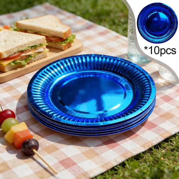 Gold Paper Plates for Party, 10 Pack Decorative Red & Blue Disposable Plates for Birthday, Picnic, 7 Inch Heavy Duty Paper Plate