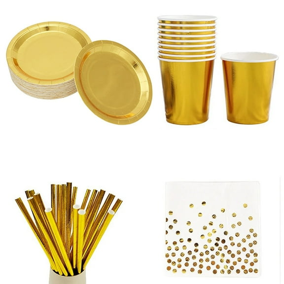 Gold Party Disposable Tableware Set Paper Plates Cups Napkins for Birthday Wedding Bachelorette Party Decoration